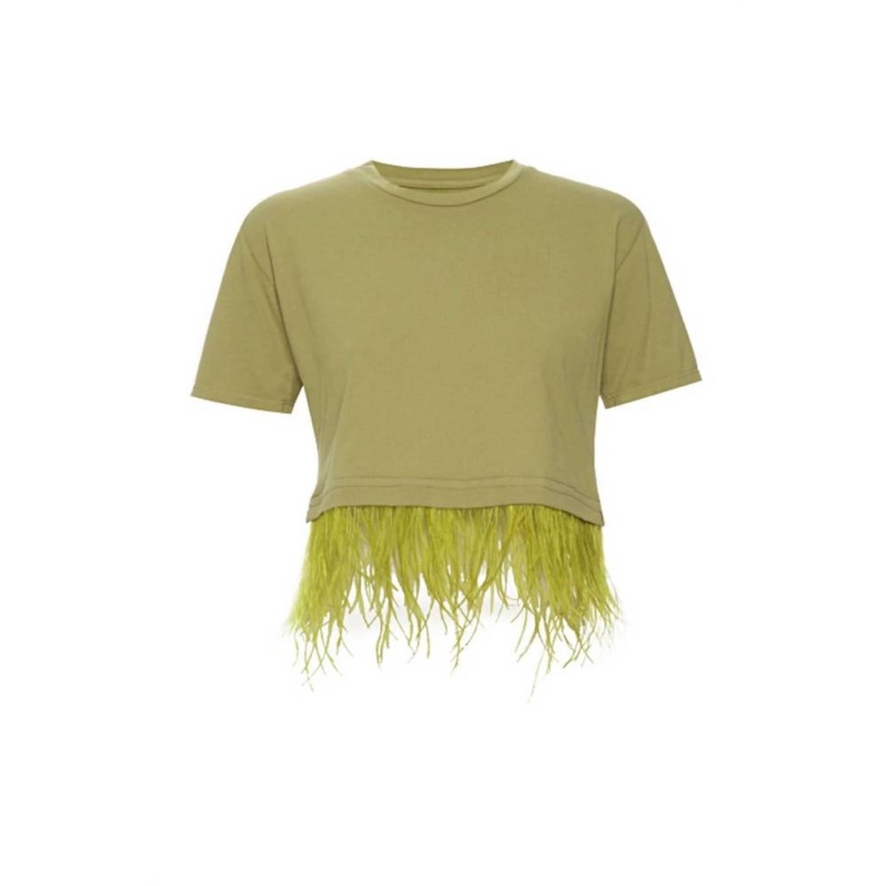 Olive Green Feather Hem Crop Top